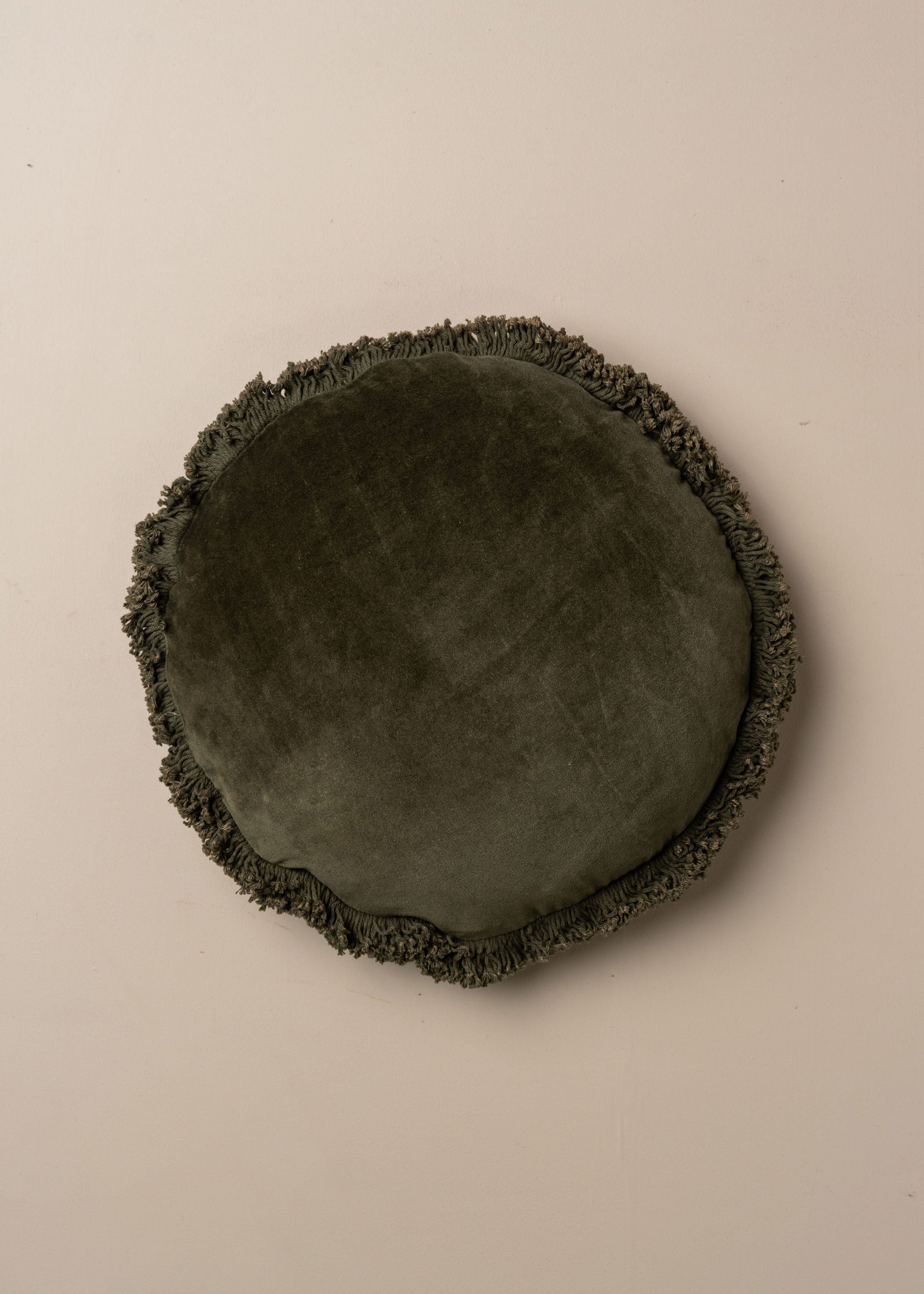 Velvet Round Fringed Cushion | Dark Olive - - - Saardé - Saardé.