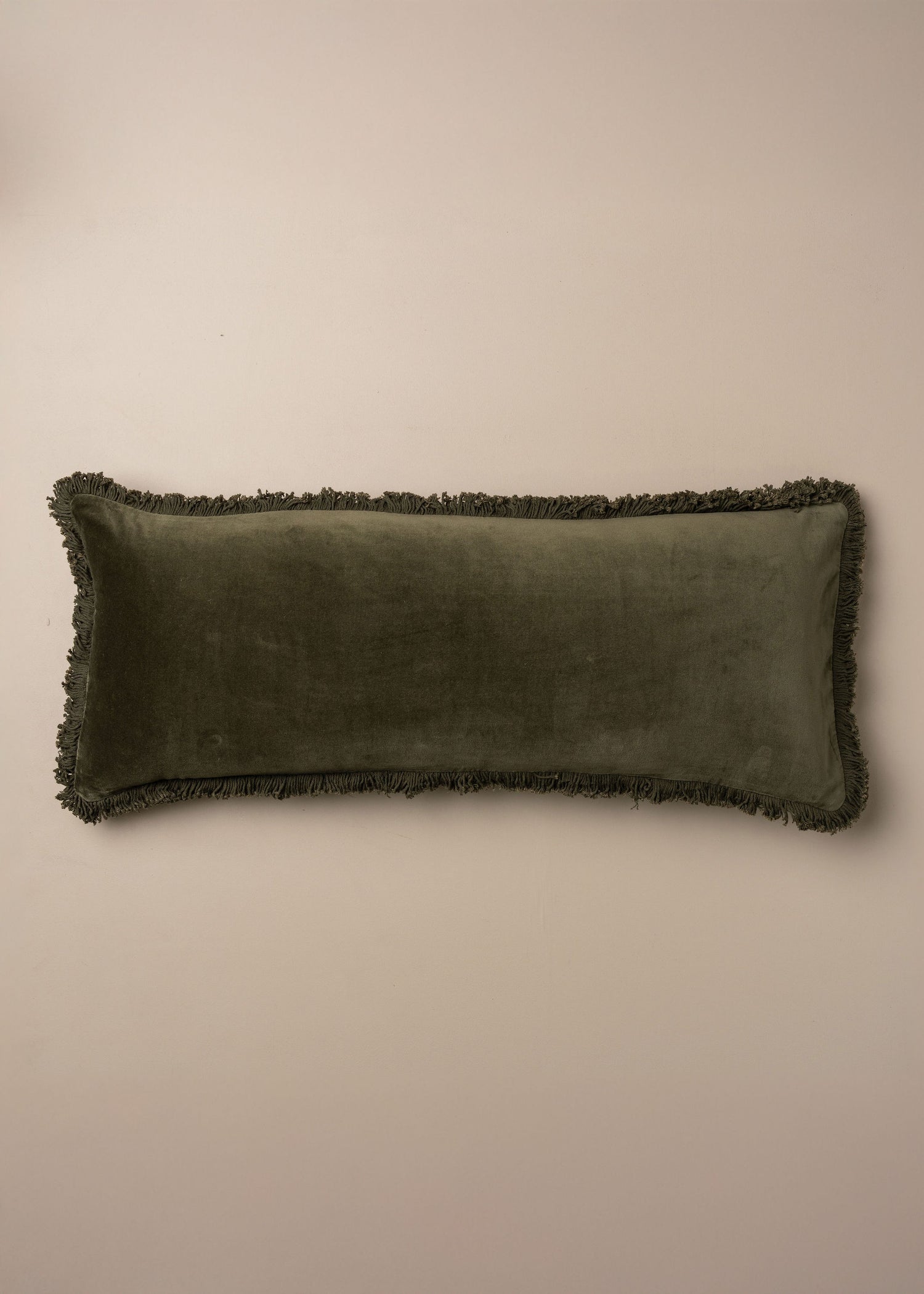 Velvet Bolster Fringed Cushion | Dark Olive - - - Saardé - Saardé.