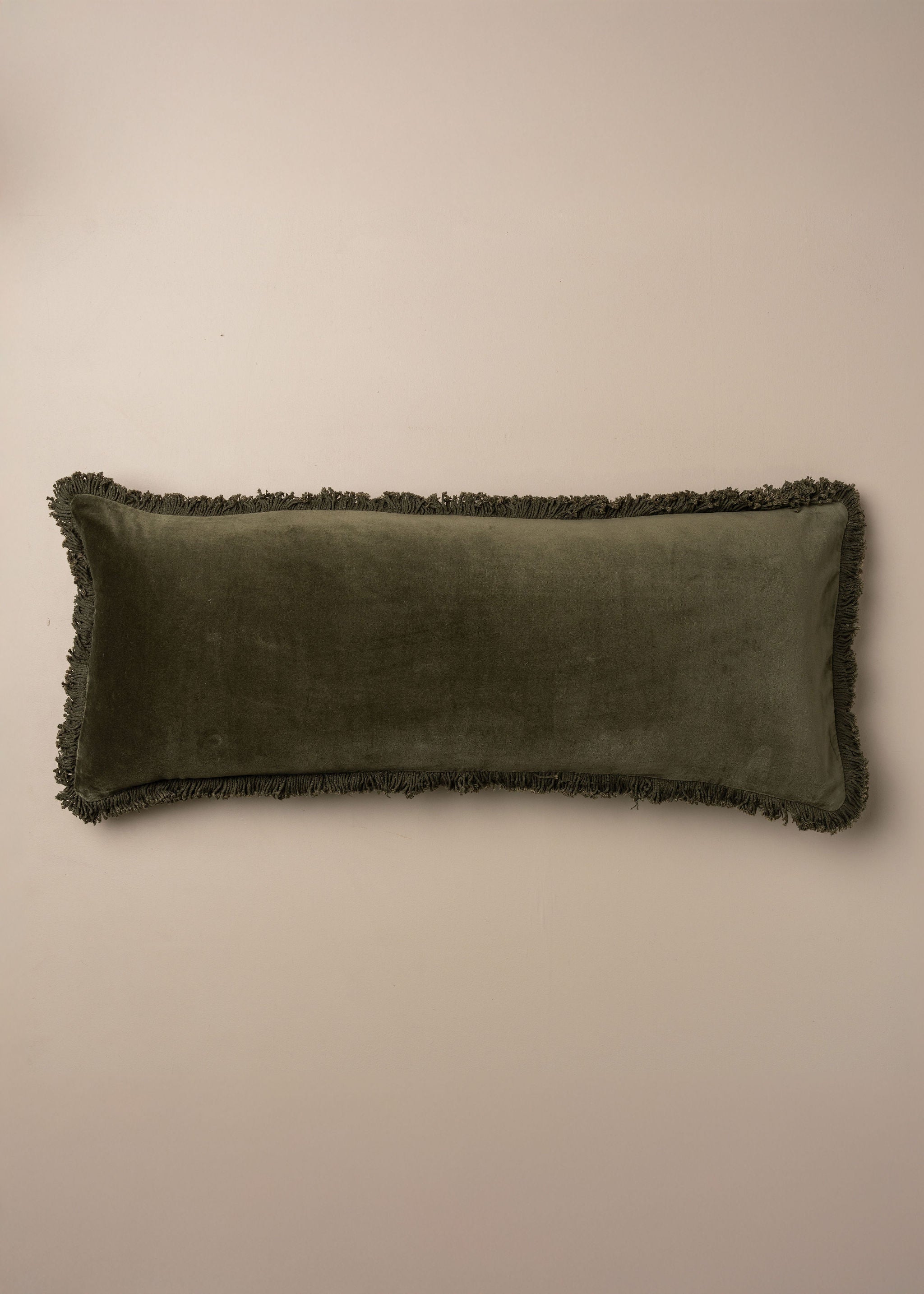 Velvet Bolster Fringed Cushion | Dark Olive - - - Saardé - Saardé.
