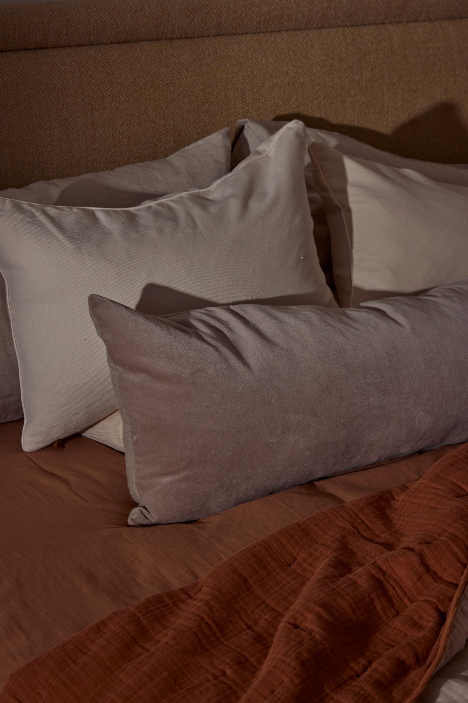 Linen/Velvet Bolster Cushion | Stone -  -  - Saardé - Saardé.
