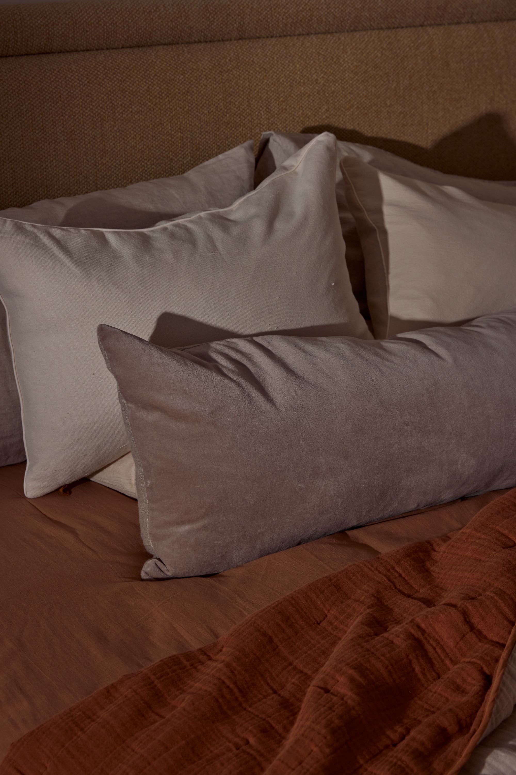 Linen/Velvet Bolster Cushion | Stone - - - Saardé - Saardé.
