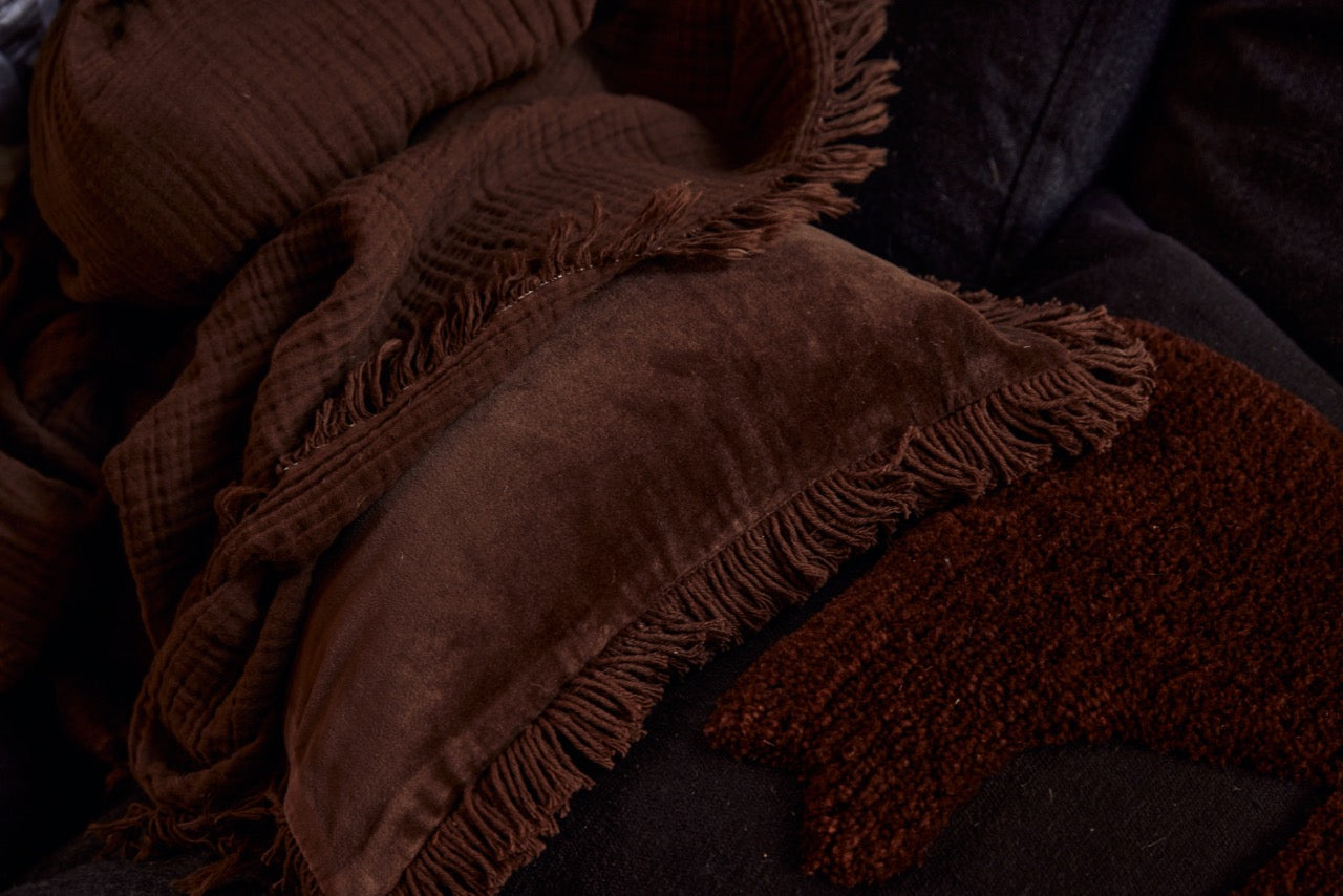 Velvet Fringed Cushion | Chocolate - - - Saardé - Saardé.