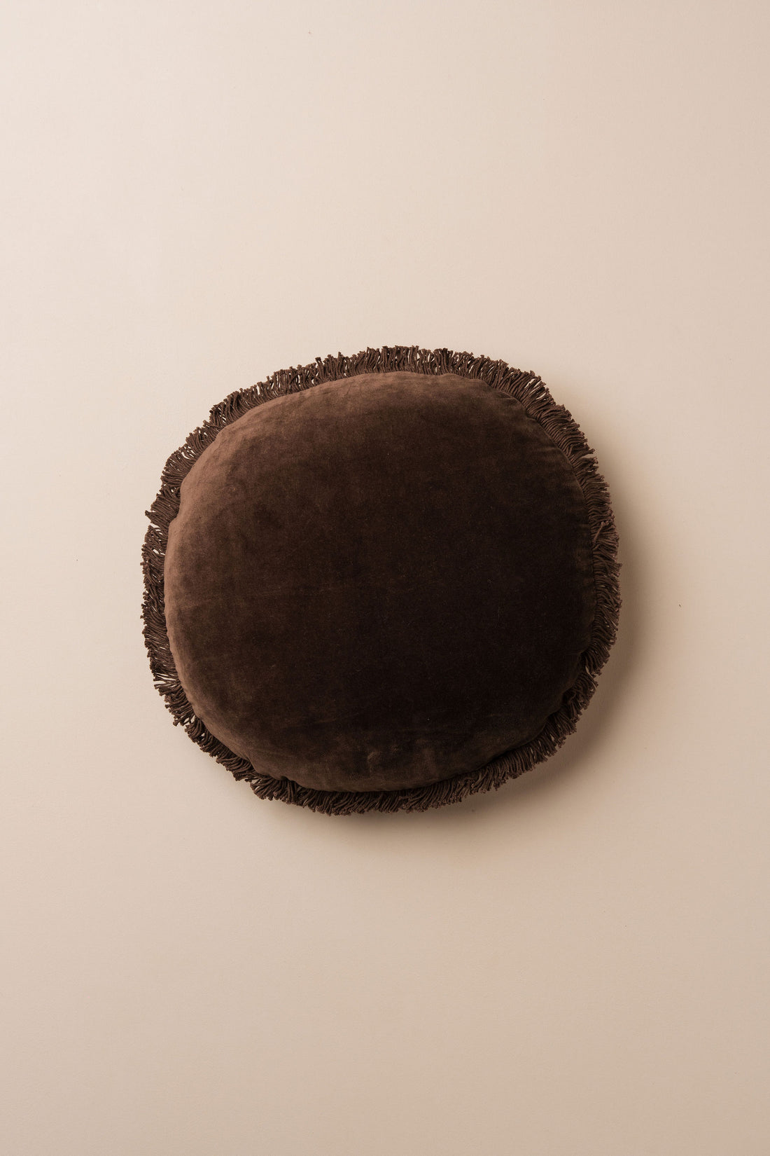 Velvet Round Fringed Cushion | Chocolate