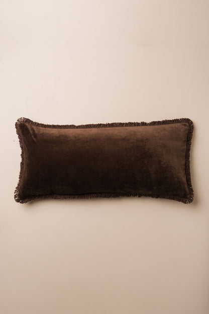 Velvet Bolster Fringed Cushion | Chocolate