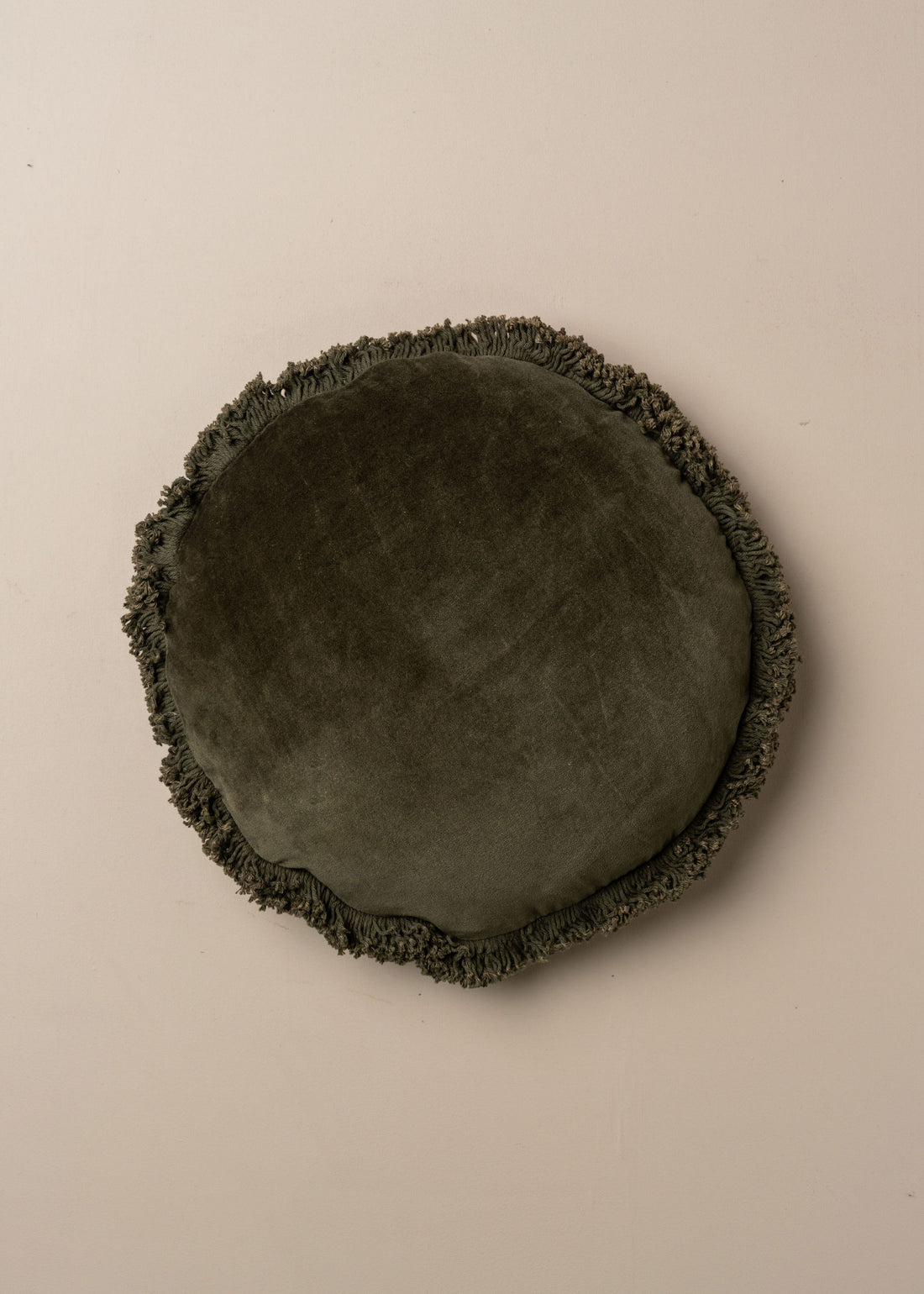 Velvet Round Fringed Cushion | Dark Olive - - - Saardé - Saardé.