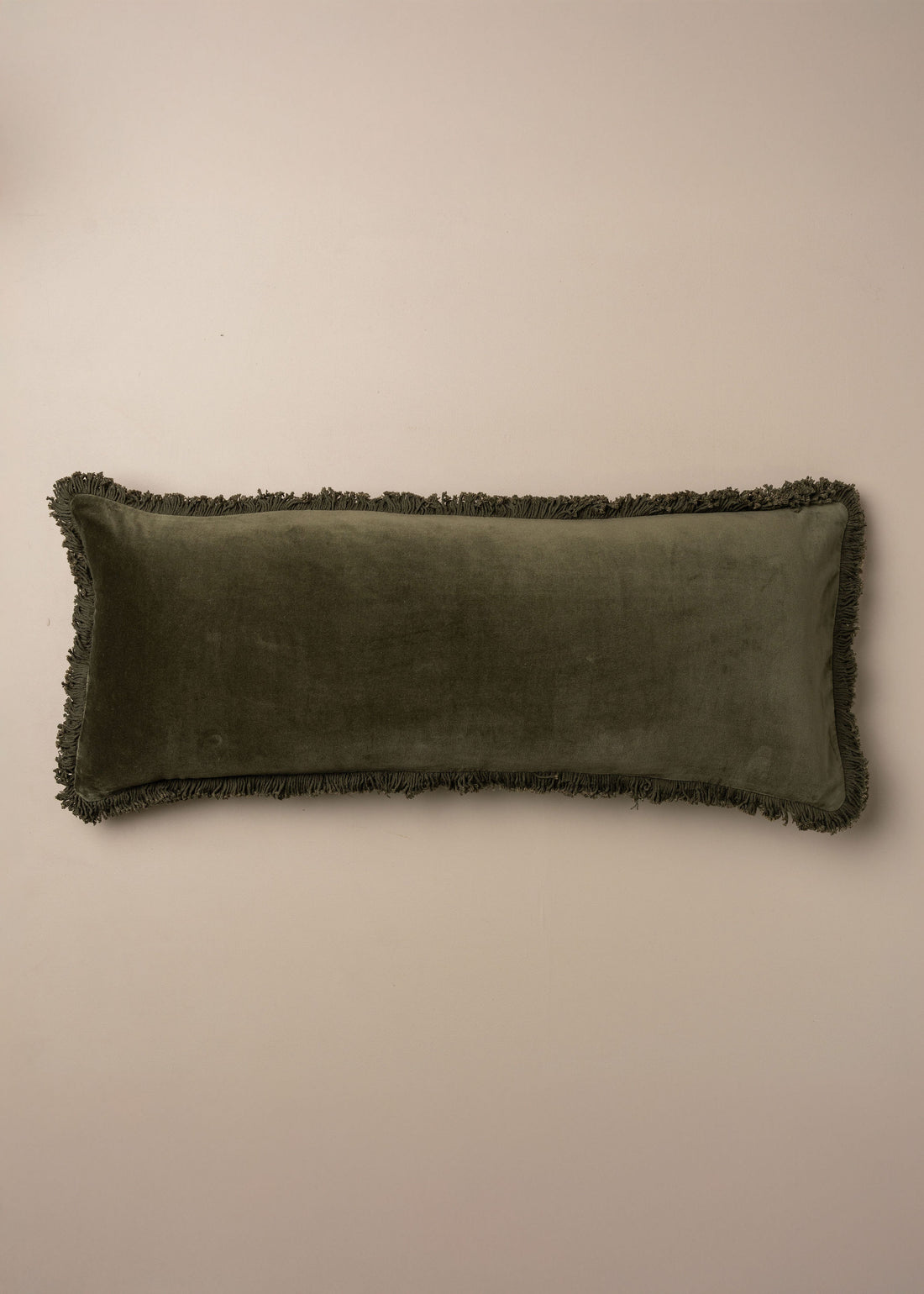 Velvet Bolster Fringed Cushion | Dark Olive - - - Saardé - Saardé.