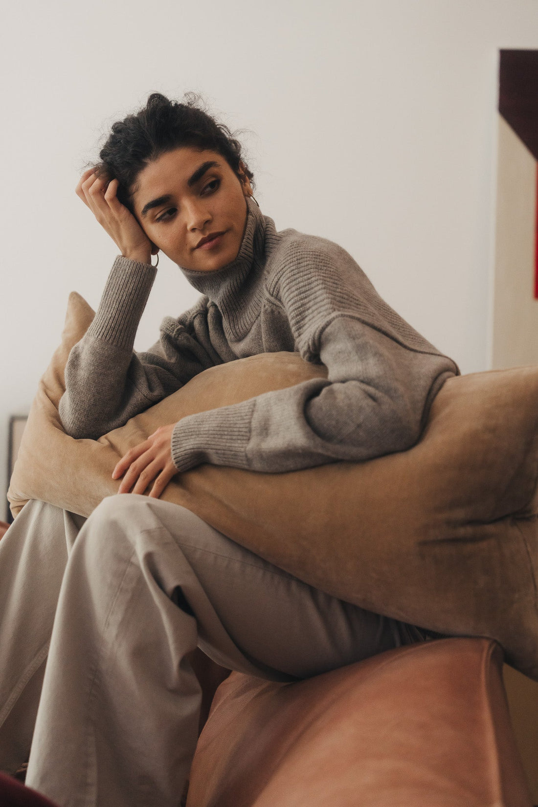 Linen/Velvet Bolster Cushion | Truffle - - - Saardé - Saardé.