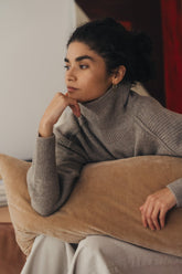 Linen/Velvet Bolster Cushion | Truffle - - - Saardé - Saardé.