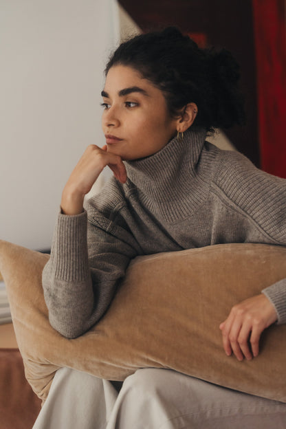 Linen/Velvet Bolster Cushion | Truffle - - - Saardé - Saardé.